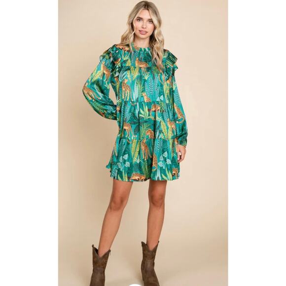 Jodifl Godiva Satin Print Dress Green Size Large - Picture 3 of 13